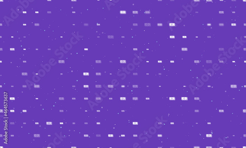 Seamless background pattern of evenly spaced white money bundle symbols of different sizes and opacity. Vector illustration on deep purple background with stars