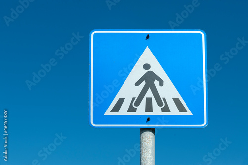 Crosswalk, pedestrian crossing, zebra crossing, safety zone, pedestrian zone, footway warning sign stock photo