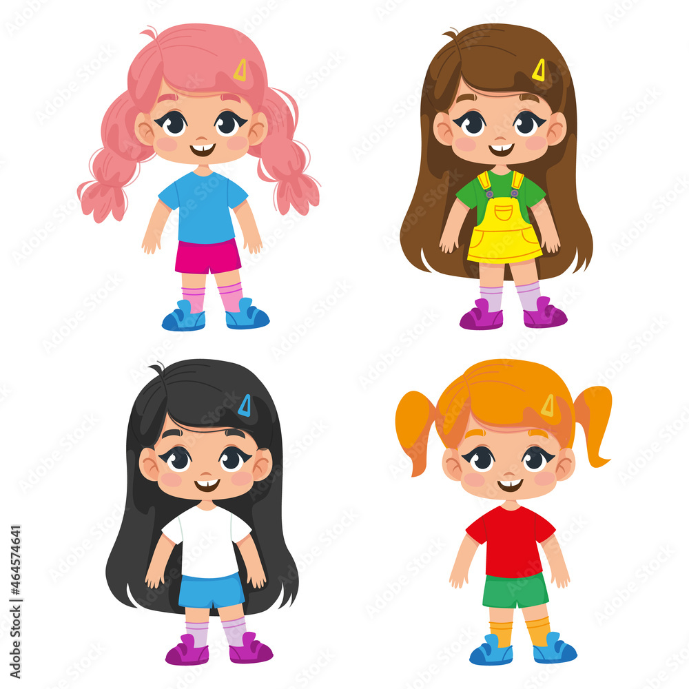 Set of cute cartoon little girls characters. Vector illustration of children in a funny childish style. Isolated clipart. Set of cute cartoon little girls characters. Vector illustration of children in a funny childish style. Isolated clipart.