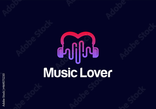 Earphone with sound equalizer. Music lover logo icon design template inspiration