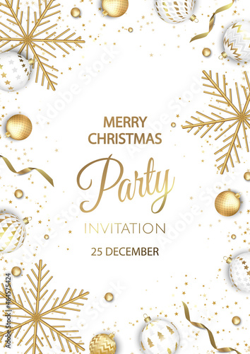 Merry Christmas Party invitation. Happy New Year card Decoration. Winter background. Seasonal holidays.