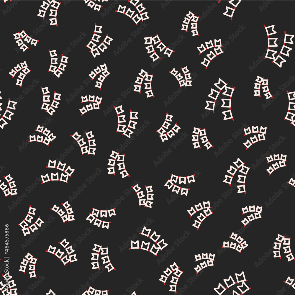 Naklejka premium Line Carnival garland with flags icon isolated seamless pattern on black background. Party pennants for birthday celebration, festival decoration. Vector