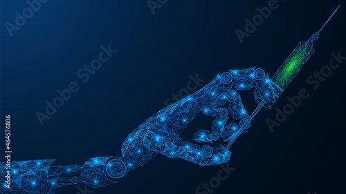 The syringe is in the robot's hand. The use of artificial intelligence in medicine. Polygonal construction of interconnected lines and points. Blue background.