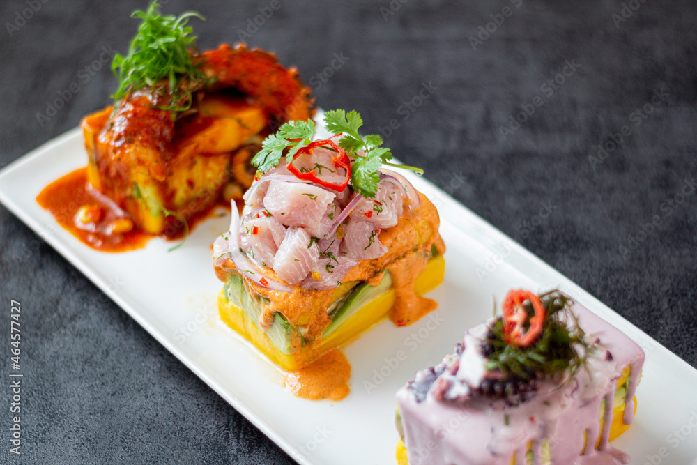 Limeñas Trio of Causes, Cause of Olive Octopus, Cause of Sweet Potato with Octopus, Cause of Spicy Potato with Ceviche
Limeñas Trio of Causes, Cause of Olive Octopus, Cause of Sweet Potato with Octopus, Cause of Spicy Potato with Ceviche