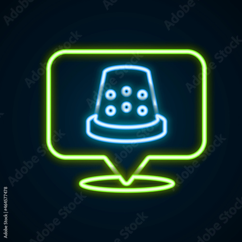 Glowing neon line Thimble for sewing icon isolated on black background. Colorful outline concept. Vector