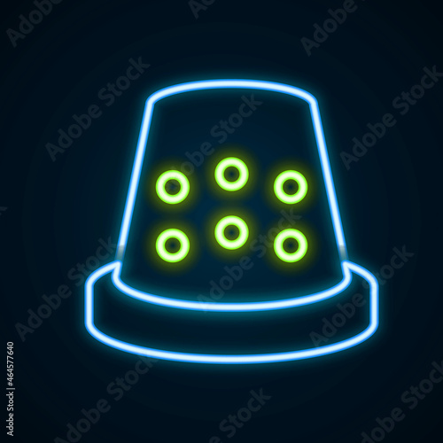 Glowing neon line Thimble for sewing icon isolated on black background. Colorful outline concept. Vector