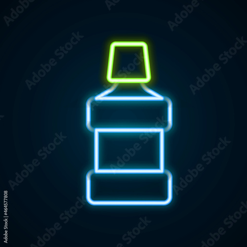 Glowing neon line Mouthwash plastic bottle icon isolated on black background. Liquid for rinsing mouth. Oralcare equipment. Colorful outline concept. Vector