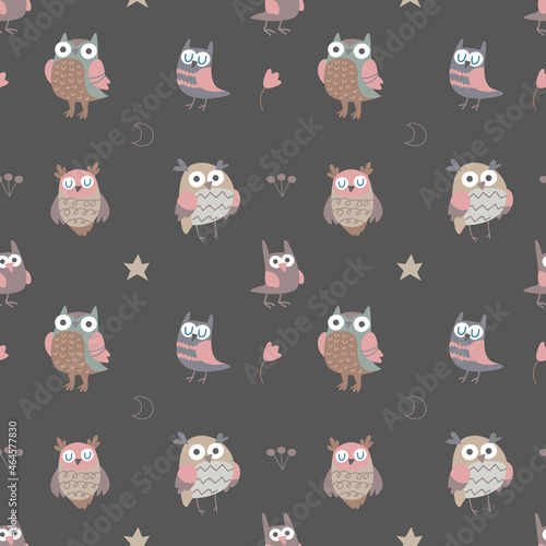 Owls on a dark background, seamless pattern. Vector illustration in minimalistic flat style with birds. Children s print on textiles, print design, postcards, banner, baby bedding. photo