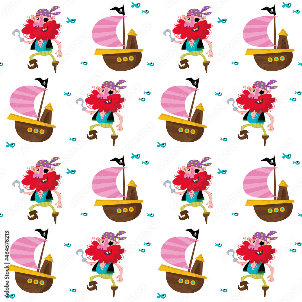 Fototapeta premium Seamless background with funny pirates and ships. Vector illustration in children s cartoon style. Printing on textiles, print design, postcards.
