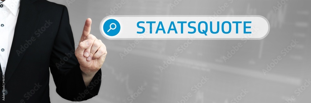 Staatsquote. Mann zeigt mit Finger auf Suchfeld im Internet-Browser. Wort/Text (blau) in der Suche. Staatsquote. Mann zeigt mit Finger auf Suchfeld im Internet-Browser. Wort/Text (blau) in der Suche.