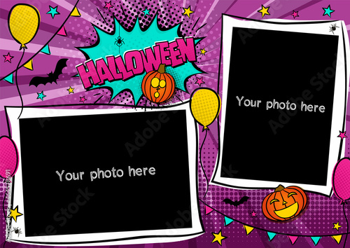 Comic photo frame in pop art style for Halloween. Bright page for festive photos. Template for the design of frames for party, photographs, posters, cards, stickers. Vector illustration.