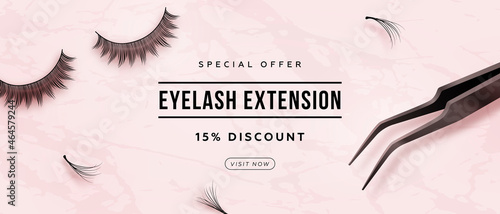 Photo Discout horizontal banner with realistic false lashes and lash extension tools on pink background