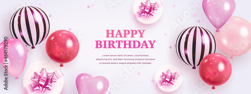Canvas Print Vector birthday elegant greeting card or horizontal banner with realistic balloons and gift box