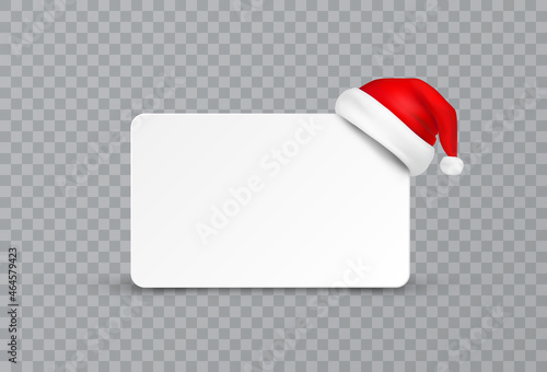 Business card with Santa Claus hat isolated on transparent background. New Year or Christmas red cap and plastic white blank sticker, paper sheet, label. Vector 3d xmas banner template