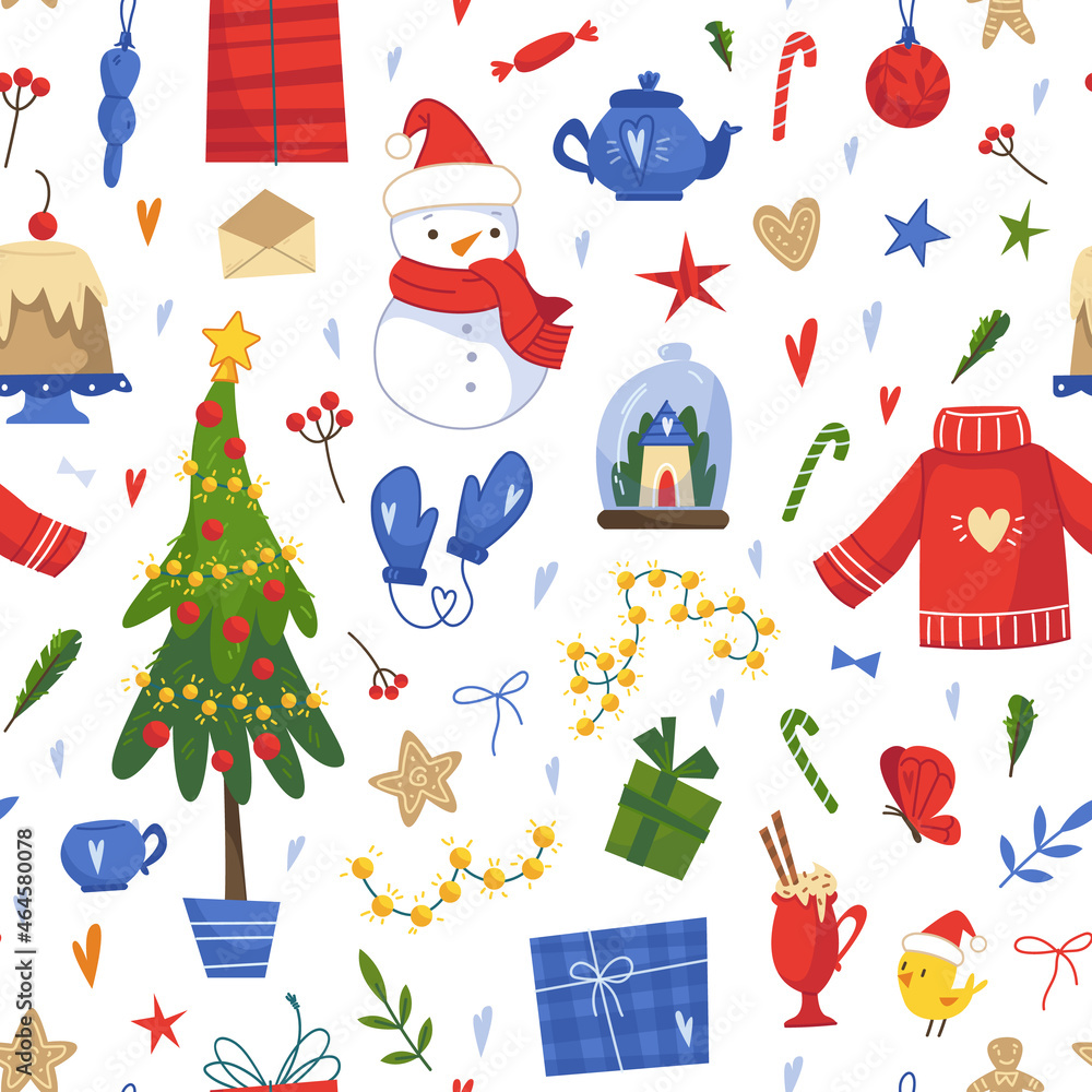 Seamless New Year pattern with fir tree, sweater, gifts, wreath, snowman, garland and Christmas decor. Vector illustration in cartoon childish style. Seamless New Year pattern with fir tree, sweater, gifts, wreath, snowman, garland and Christmas decor. Vector illustration in cartoon childish style.