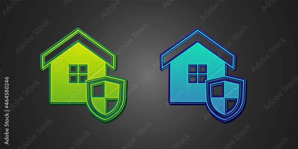 Obraz premium Green and blue House with shield icon isolated on black background. Insurance concept. Security, safety, protection, protect concept. Vector