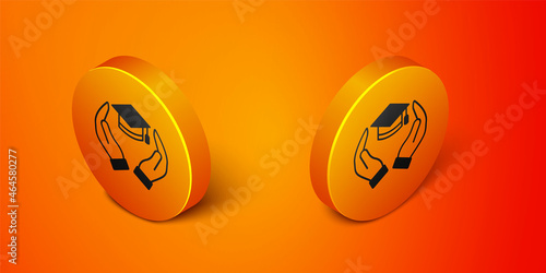 Isometric Education grant icon isolated on orange background. Tuition fee, financial education, budget fund, scholarship program, graduation hat. Orange circle button. Vector