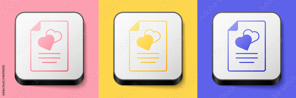 Fototapeta premium Isometric Marriage contract icon isolated on pink, yellow and blue background. Wedding certificate. Square button. Vector