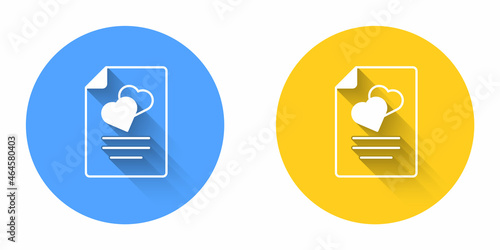 White Marriage contract icon isolated with long shadow background. Wedding certificate. Circle button. Vector
