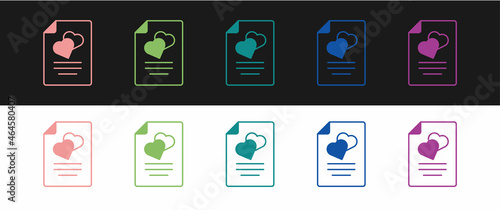 Set Marriage contract icon isolated on black and white background. Wedding certificate. Vector