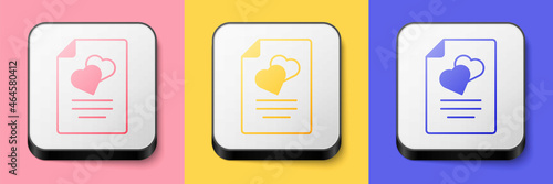 Isometric Marriage contract icon isolated on pink, yellow and blue background. Wedding certificate. Square button. Vector