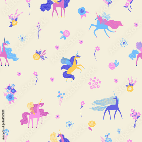 Seamless pattern with cute unicorns and meadow flowers.