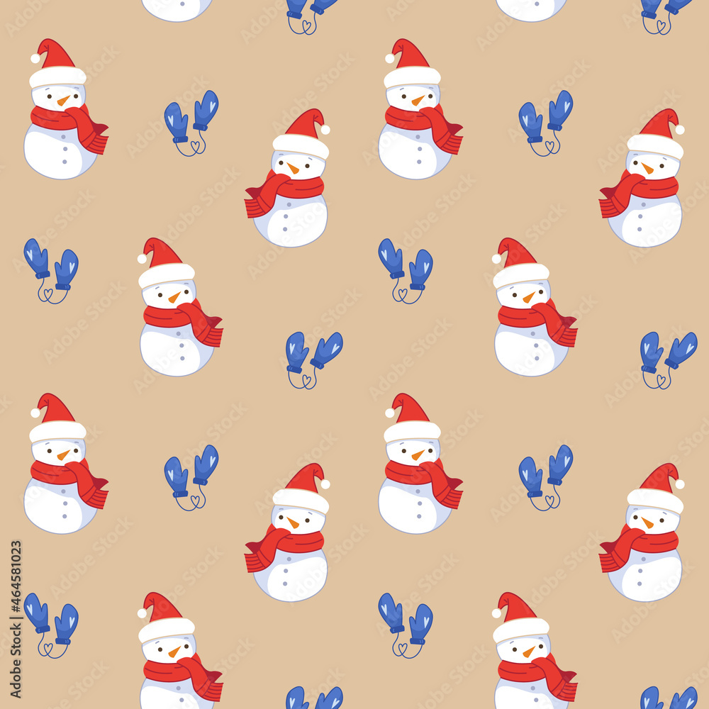 Snowmen in red santa hats and mittens on a beige background. Seamless pattern for the New Year. Christmas illustrations in cartoon childrens style. Snowmen in red santa hats and mittens on a beige background. Seamless pattern for the New Year. Christmas illustrations in cartoon childrens style.