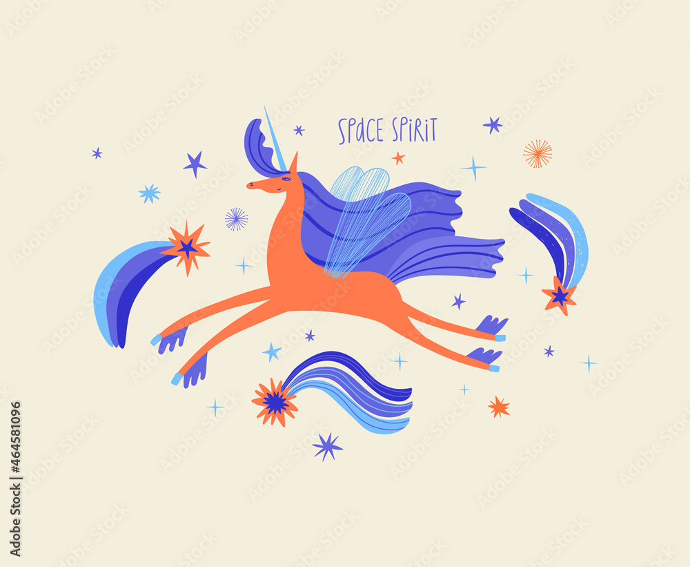 Illustration of cute space spirit unicorn.