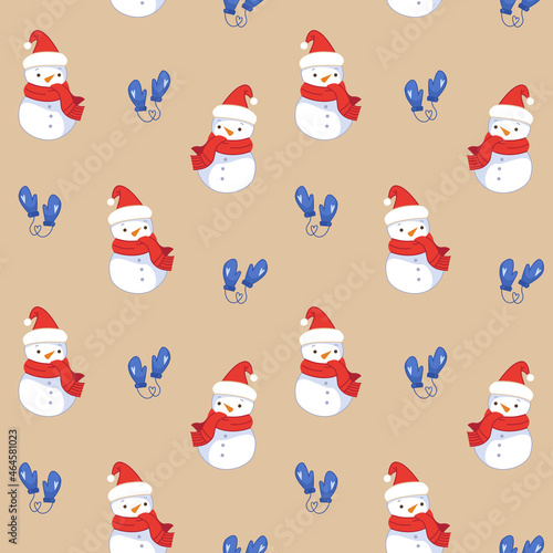 Snowmen in red santa hats and mittens on a beige background. Seamless pattern for the New Year. Christmas illustrations in cartoon childrens style.