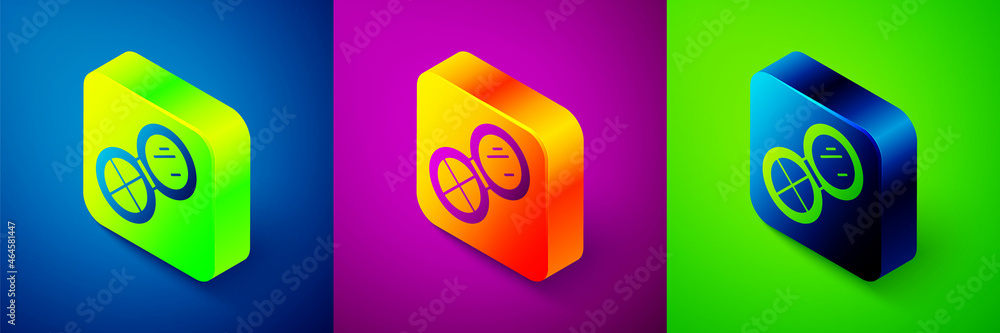 Isometric Makeup powder with mirror icon isolated on blue, purple and green background. Square button. Vector Isometric Makeup powder with mirror icon isolated on blue, purple and green background. Square button. Vector