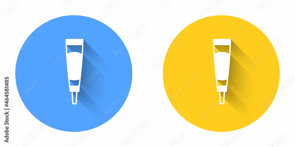 White Cream or lotion cosmetic tube icon isolated with long shadow background. Body care products for woman. Circle button. Vector White Cream or lotion cosmetic tube icon isolated with long shadow background. Body care products for woman. Circle button. Vector