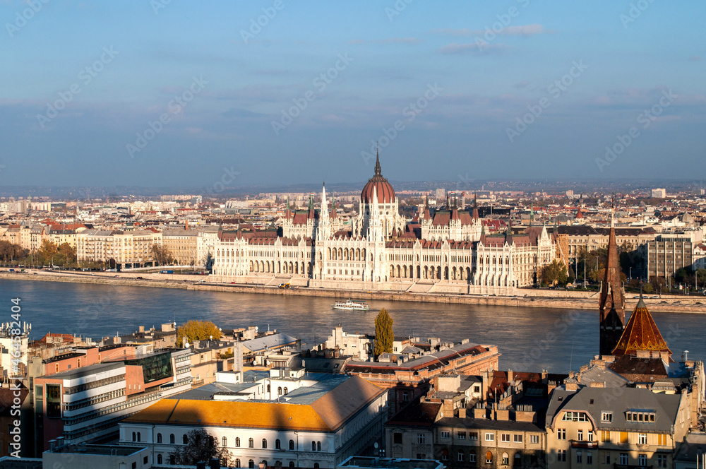 View of the city of Budapest in the foreground with the Hungarian Parliament and the Danube River