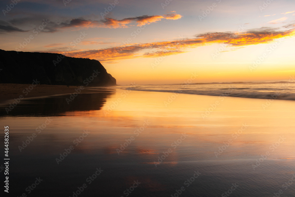 Beautiful view of ocean sand beach Praia Grande, Portugal.