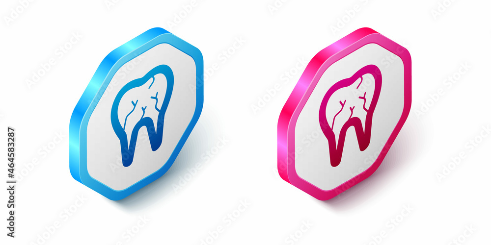 Isometric Broken tooth icon isolated on white background. Dental problem icon. Dental care symbol. Hexagon button. Vector Isometric Broken tooth icon isolated on white background. Dental problem icon. Dental care symbol. Hexagon button. Vector