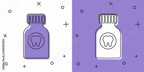 Set Toothache painkiller tablet icon isolated on white and purple background. Tooth care medicine. Capsule pill and drug. Pharmacy design. Vector