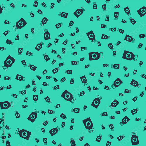 Black Toothache painkiller tablet icon isolated seamless pattern on green background. Tooth care medicine. Capsule pill and drug. Pharmacy design. Vector