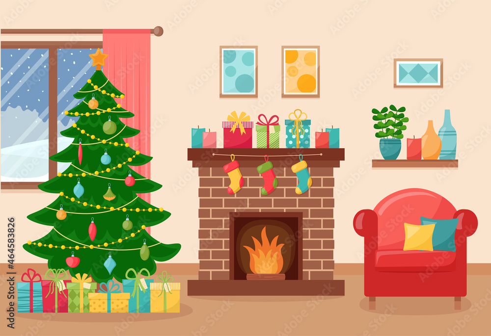 Cozy living interior with Christmas tree, fireplace and armchair. New Year decorated living room. Vector illustration Cozy living interior with Christmas tree, fireplace and armchair. New Year decorated living room. Vector illustration