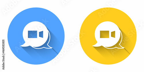 White Video chat conference icon isolated with long shadow background. Online meeting work form home. Remote project management. Circle button. Vector
