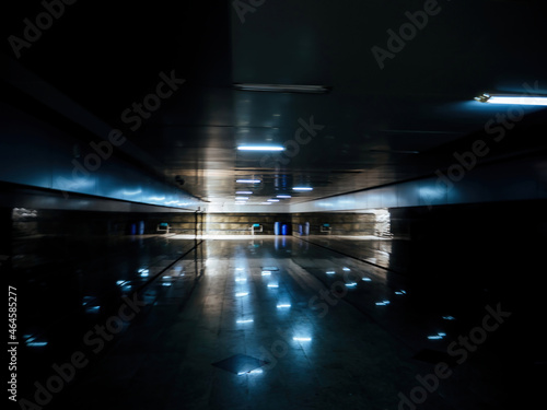 Abstract defocused view of underground passage tunnel in city center of Baku