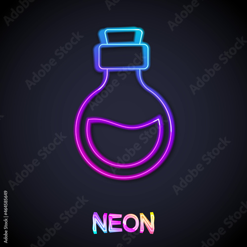 Glowing neon line Glass bottle with magic elixir icon isolated on black background. Computer game asset. Vector