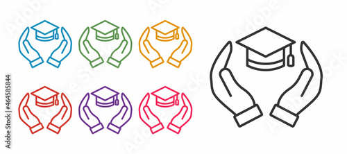 Set line Education grant icon isolated on white background. Tuition fee, financial education, budget fund, scholarship program, graduation hat. Set icons colorful. Vector