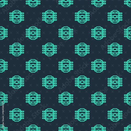 Green line Table football game hobby or leisure icon isolated seamless pattern on blue background. Sport team football players. Vector