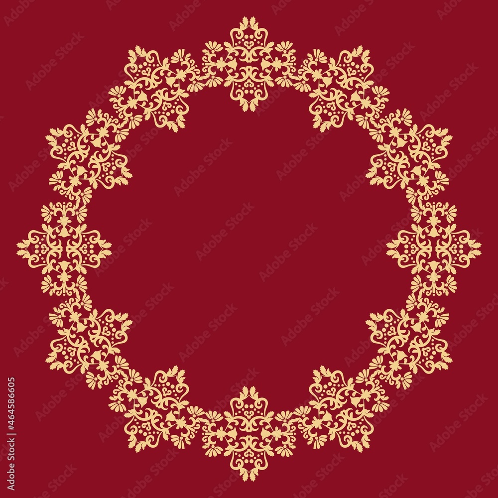 Fototapeta premium Antique round pattern. Gold lace border on red background. Place for text. Gold, red. Ornament for decoration of cards and invitations. 