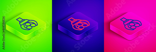 Isometric line Grapple crane grabbed a log icon isolated on green, blue and pink background. Forest industry. Industrial crane for lumber trunk wood production. Square button. Vector