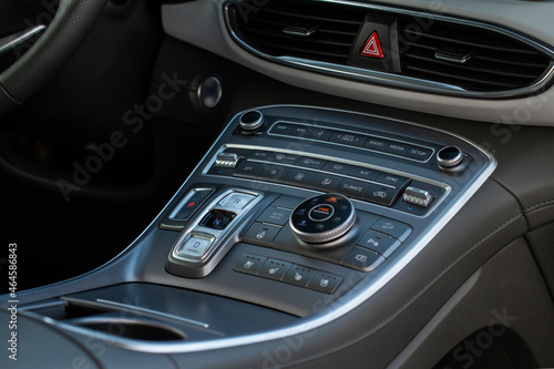 Modern car automatic gearbox. Gearbox control buttons. Gear selector close up. © Roman