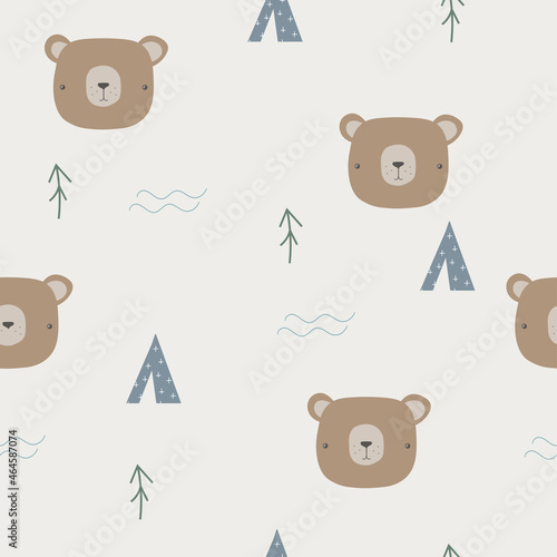 Seamless pattern with bear face. Vector hand drawn illustration.
