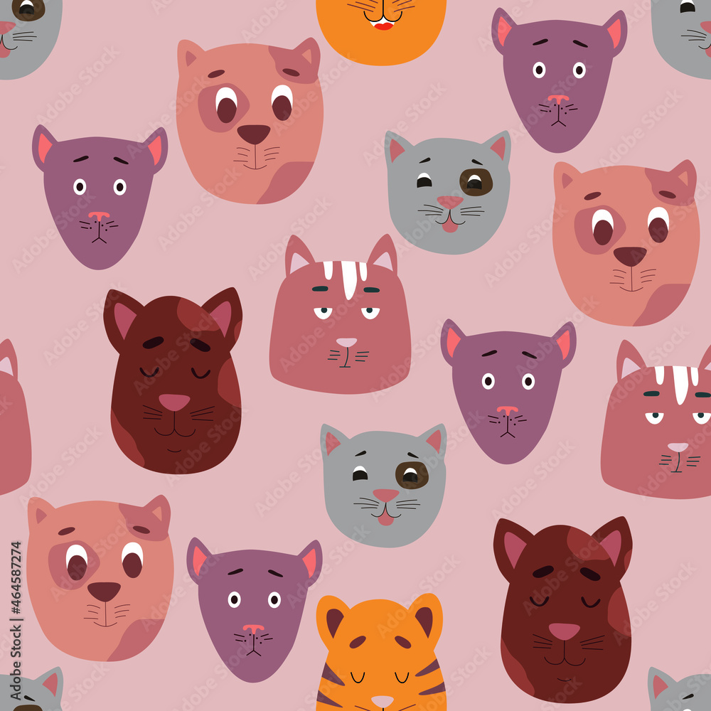 Fototapeta premium Seamless pattern with cute cats. Creative childish texture on a beige background. Stock vector illustration for textile, fabric, paper, cards and print.