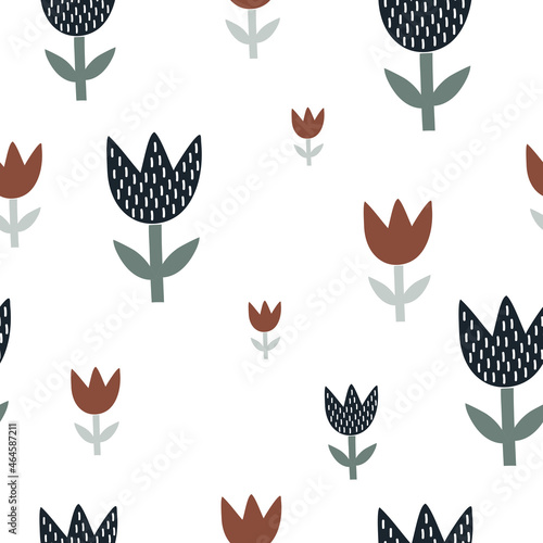 Fototapeta Naklejka Na Ścianę i Meble -  vector seamless pattern with tulips flowers in doodle style on white background