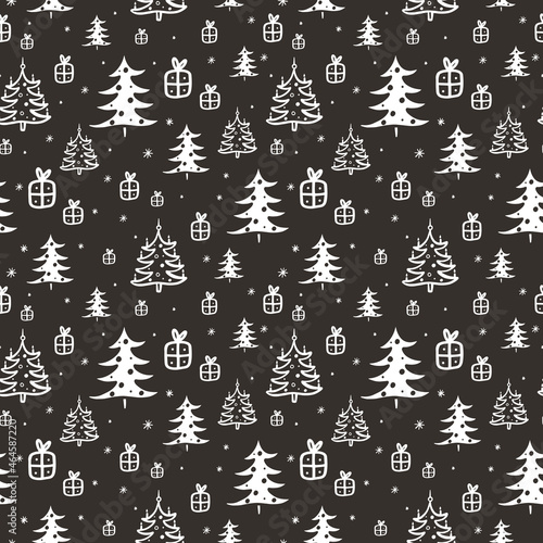 seamless vector pattern with winter illustrations of fir trees and gifts, christmas background on dark background