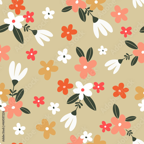 vector pattern with colorful cute abstract flowers in doodle style